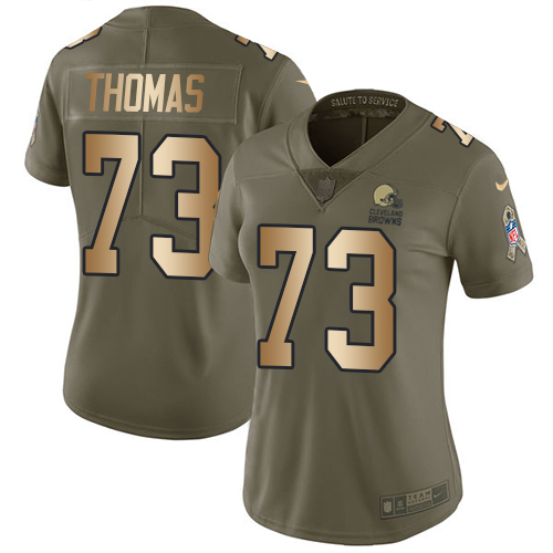 Nike Browns #73 Joe Thomas Olive/Gold Women's Stitched NFL Limited Salute to Service Jersey